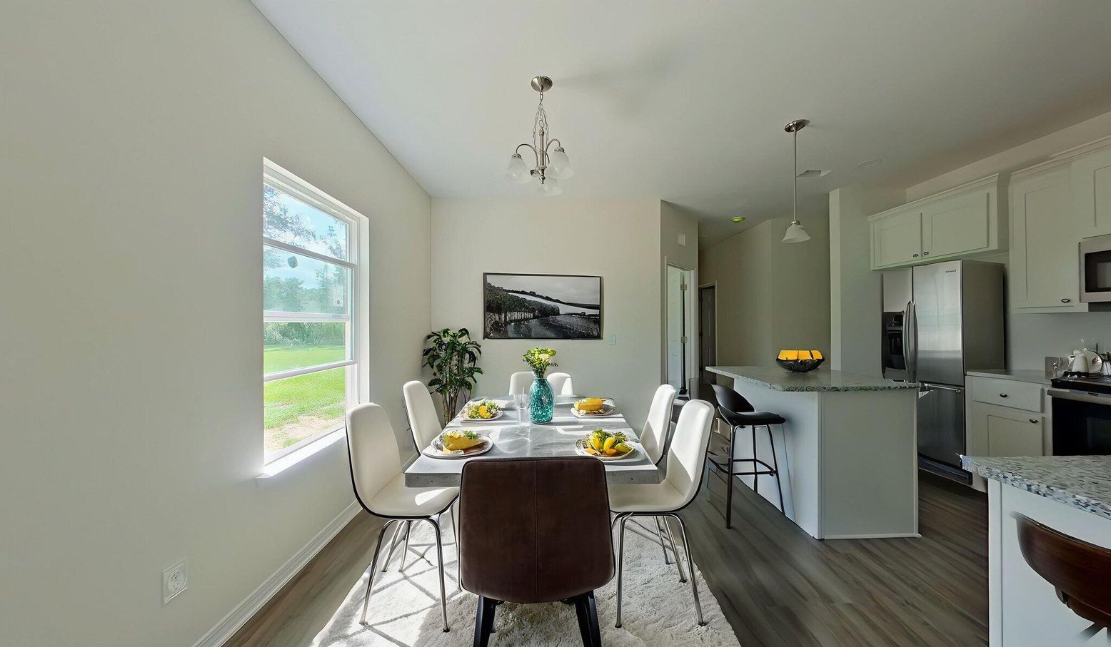 Dining room, Interior, Kitchen, Pendant Lights, Stainless Steel Appliances, Wood Texture Flooring