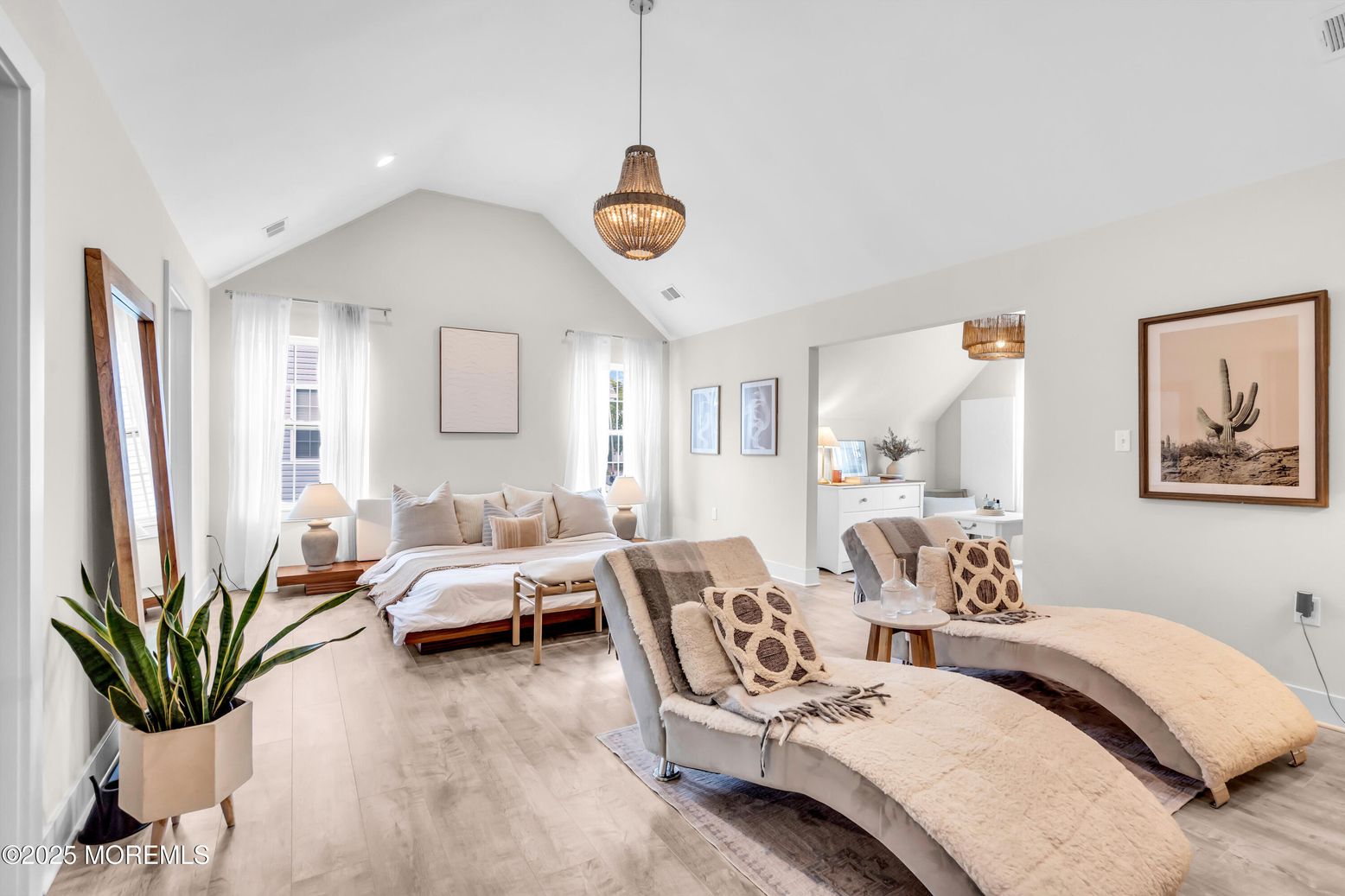 Bedroom, Interior, Pendant Lights, Recessed Lighting, Wood Texture Flooring
