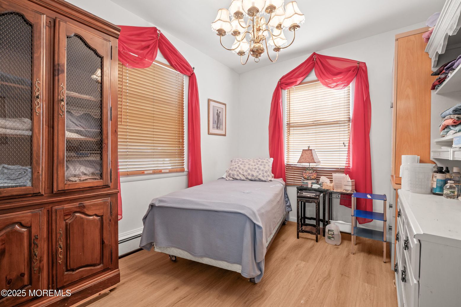 Bedroom, Chandelier, Interior, Wood Texture Flooring