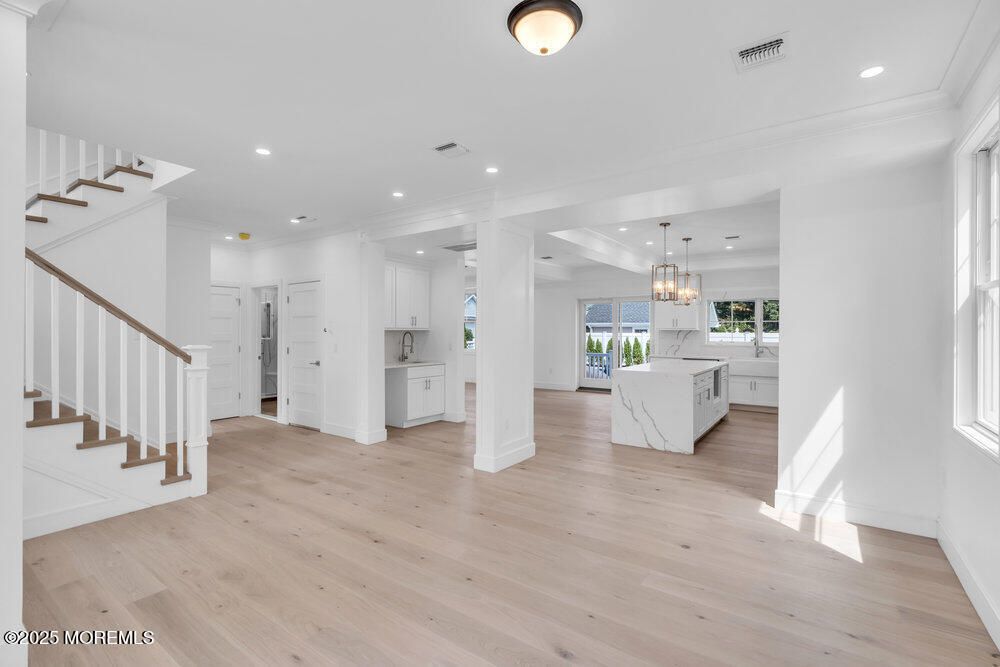 Chandelier, Interior, Kitchen, Pendant Lights, Recessed Lighting, Wood Texture Flooring