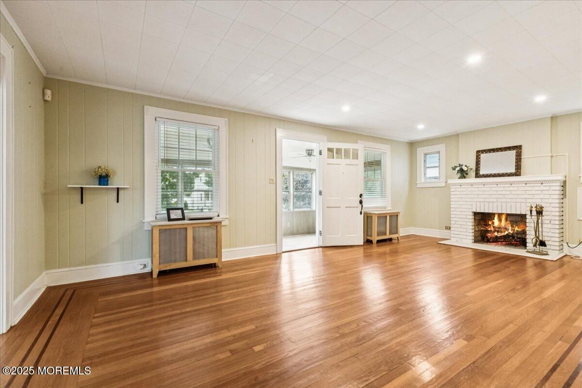Empty room, Fireplace, Interior, Recessed Lighting, Wood Texture Flooring