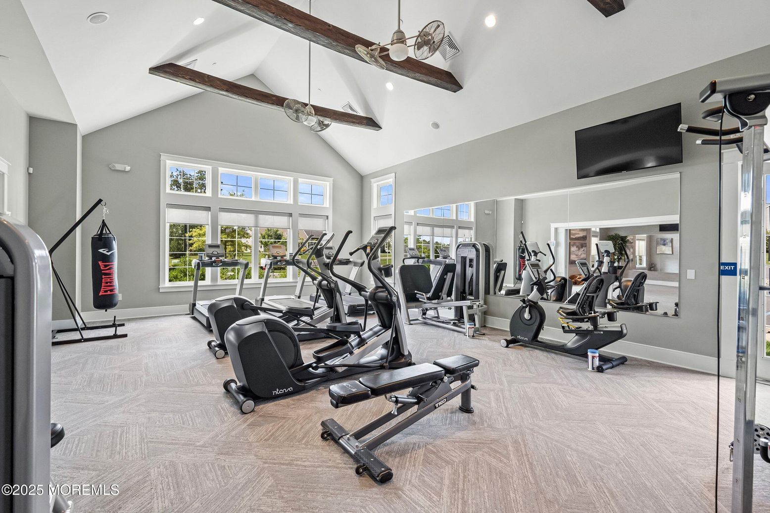 Fitness Equipment, Gym, Interior, Recessed Lighting, Wooden Beams