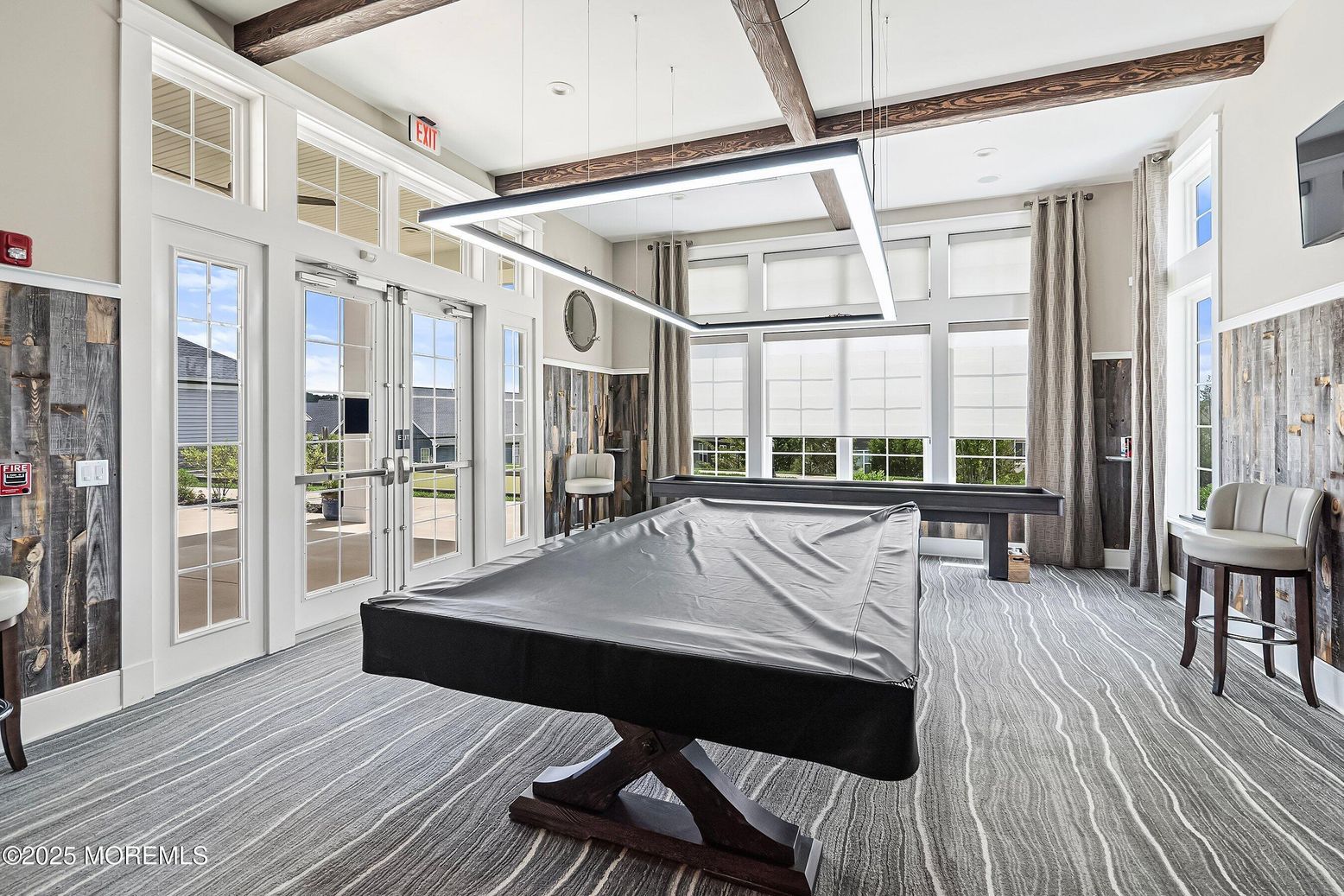 Billiard Table, Game Room, Interior, Pendant Lights, Recessed Lighting, Wooden Beams