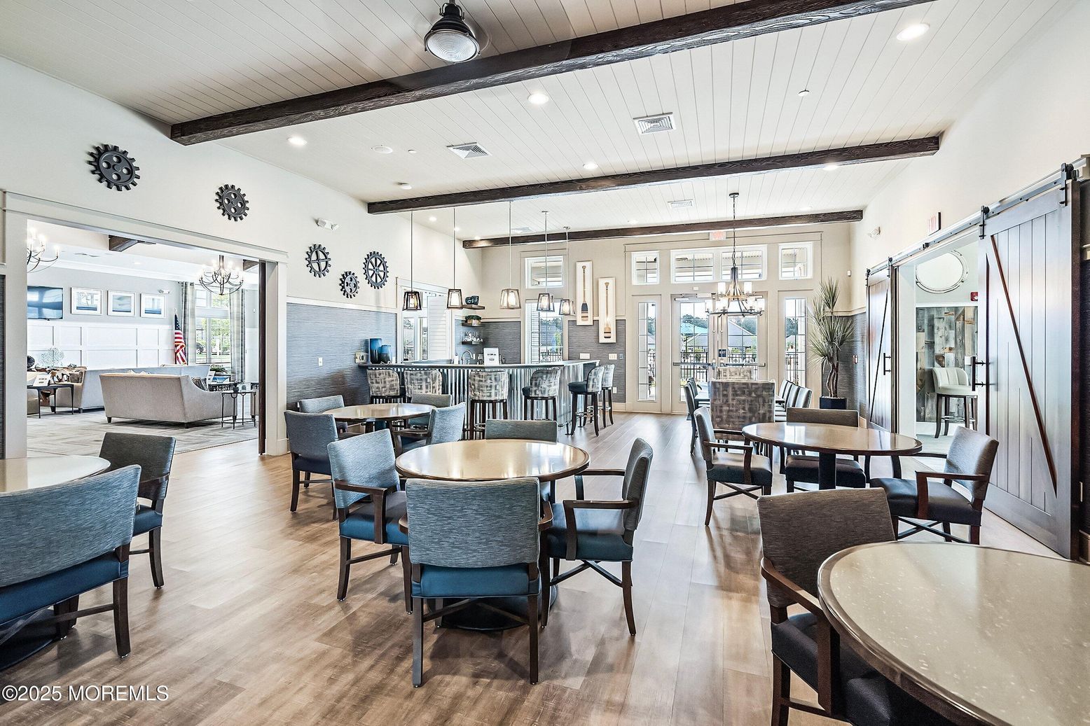 Chandelier, Dining room, Interior, Pendant Lights, Recessed Lighting, Wooden Beams, Wood Texture Flooring