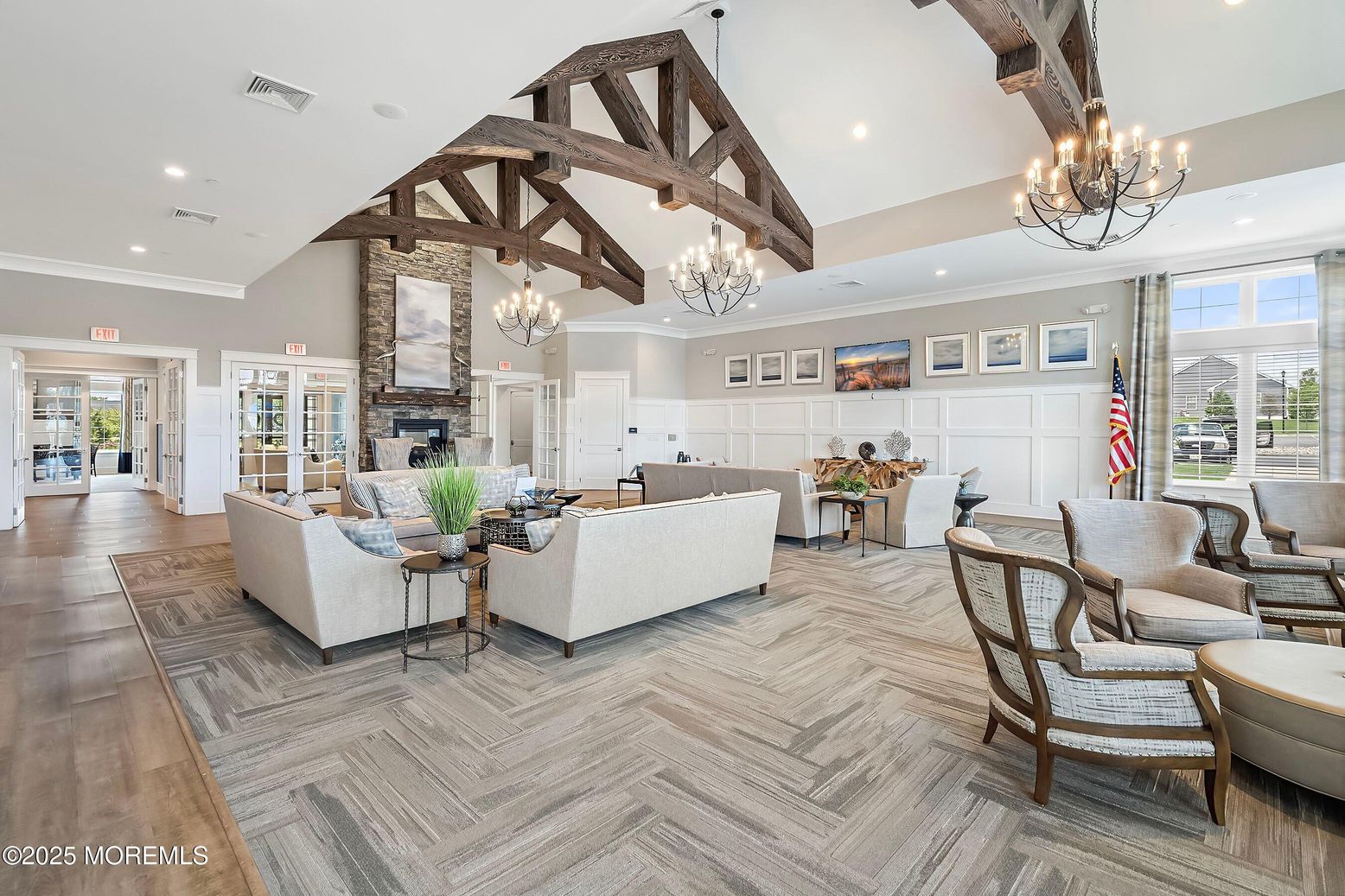 Chandelier, Fireplace, Interior, Living room, Recessed Lighting, Wooden Beams, Wood Texture Flooring