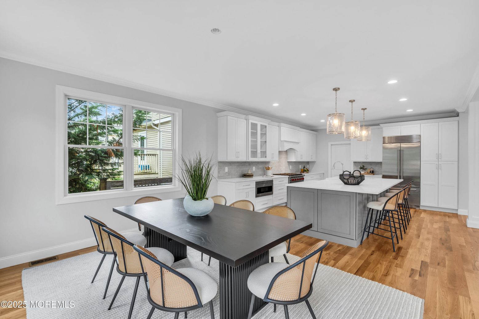 Dining room, Interior, Kitchen, Pendant Lights, Recessed Lighting, Stainless Steel Appliances, Wood Texture Flooring