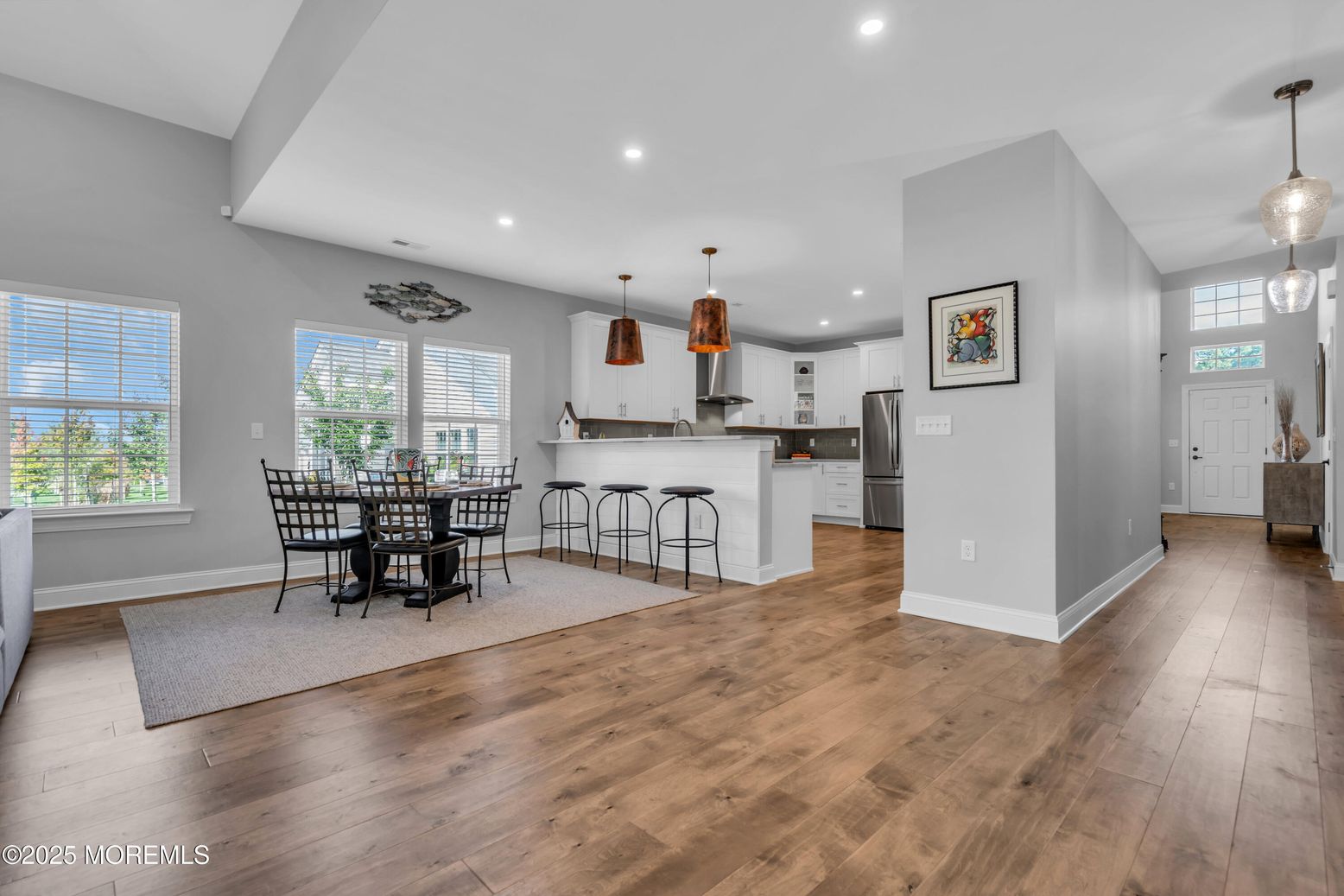 Dining room, Interior, Kitchen, Pendant Lights, Recessed Lighting, Wood Texture Flooring