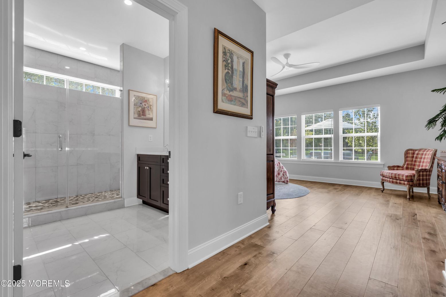 Bathroom, Glass Shower, Interior, Marble Walls, Recessed Lighting, Wood Texture Flooring