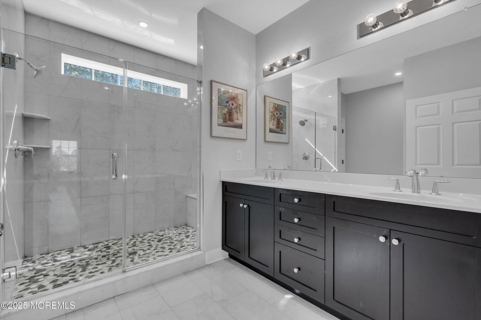 Bathroom, Dual Sink Vanities, Glass Shower, Interior, Marble Walls, Recessed Lighting