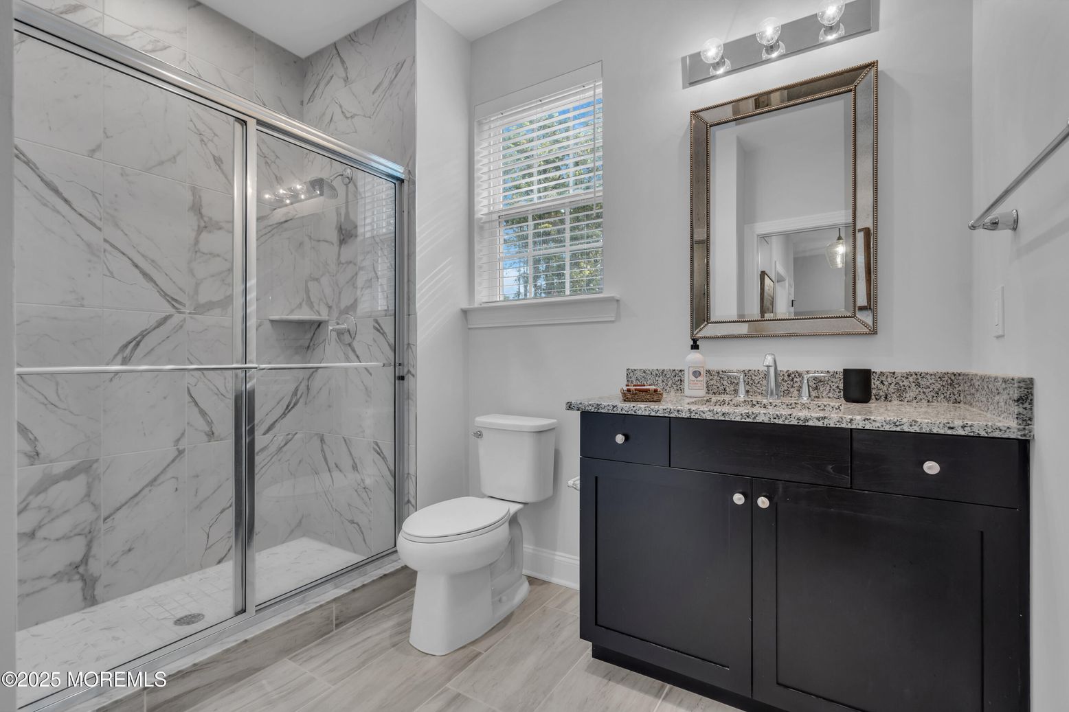 Bathroom, Glass Shower, Interior, Marble Walls, Wood Texture Flooring