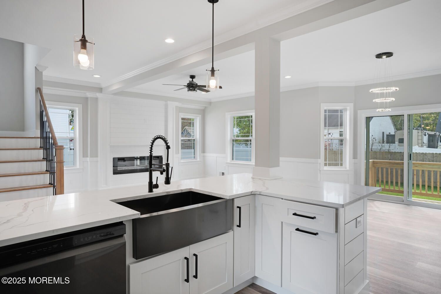 Fireplace, Interior, Kitchen, Pendant Lights, Recessed Lighting, Wood Texture Flooring