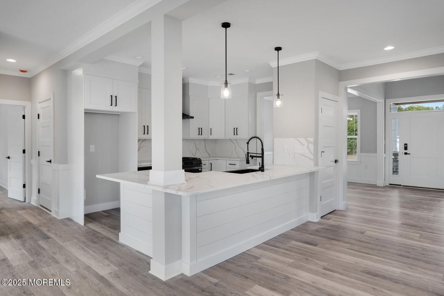 Interior, Kitchen, Marble Walls, Pendant Lights, Recessed Lighting, Wood Texture Flooring