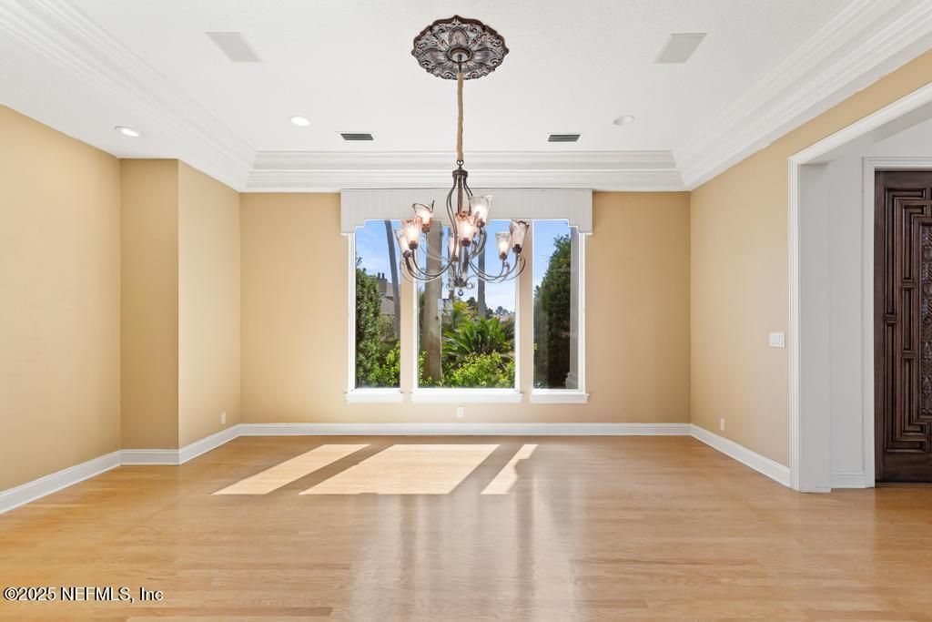 Chandelier, Empty room, Interior, Recessed Lighting, Wood Texture Flooring