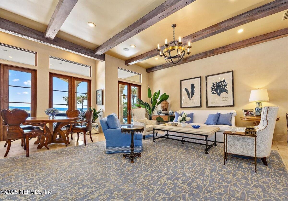 Chandelier, Dining room, Interior, Living room, Recessed Lighting, Wooden Beams