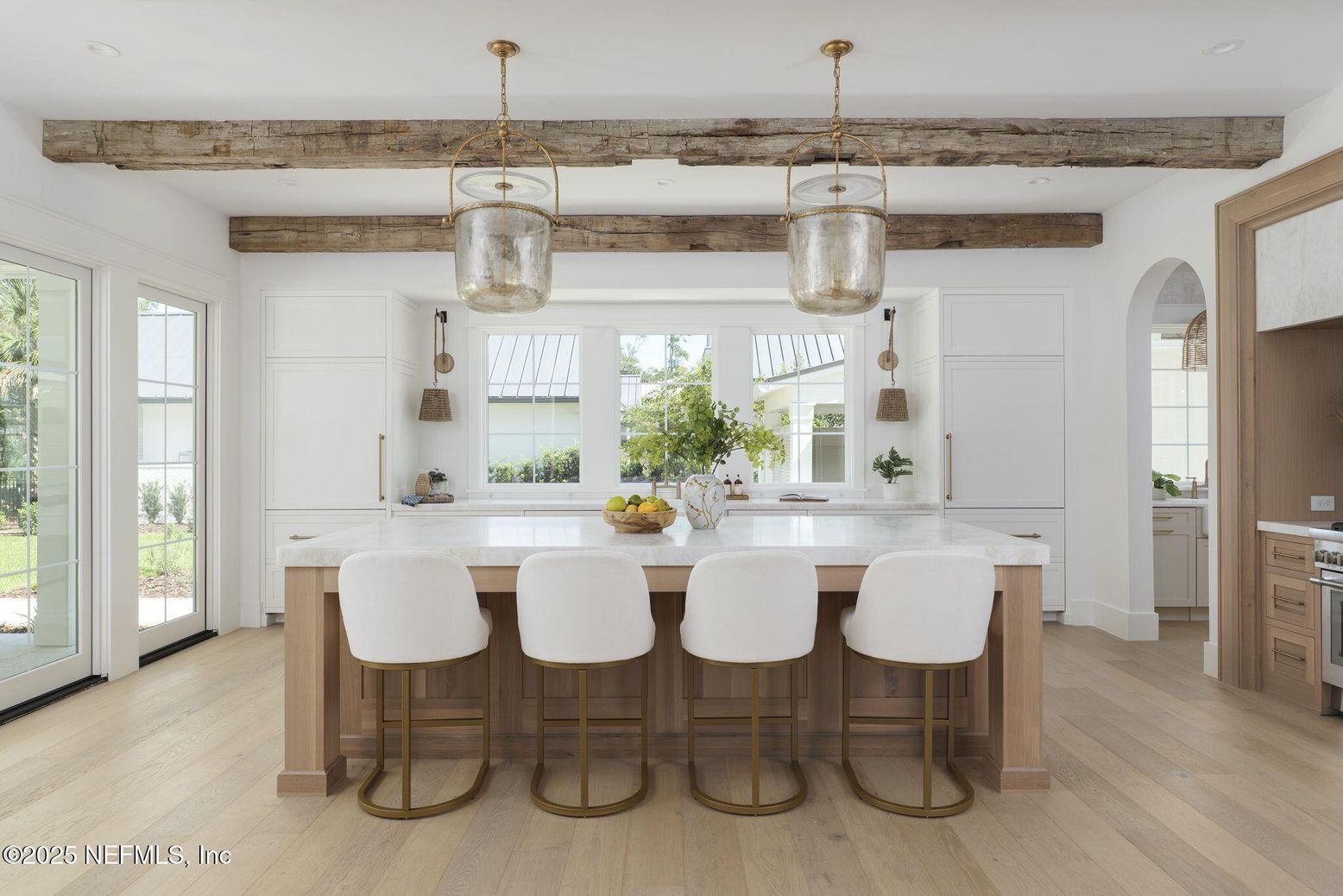 Interior, Kitchen, Pendant Lights, Recessed Lighting, Wooden Beams, Wood Texture Flooring