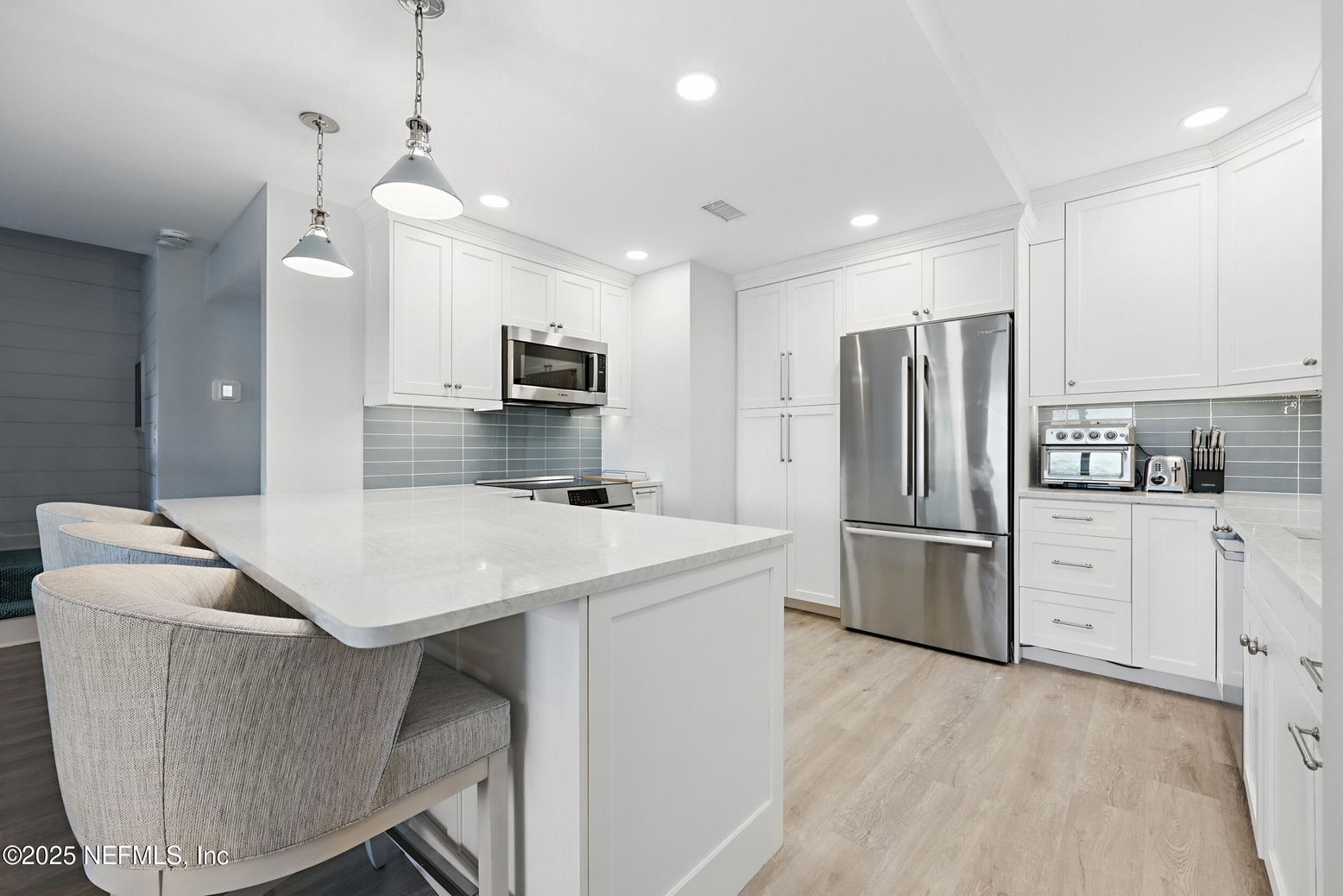 Interior, Kitchen, Pendant Lights, Recessed Lighting, Stainless Steel Appliances, Wood Texture Flooring