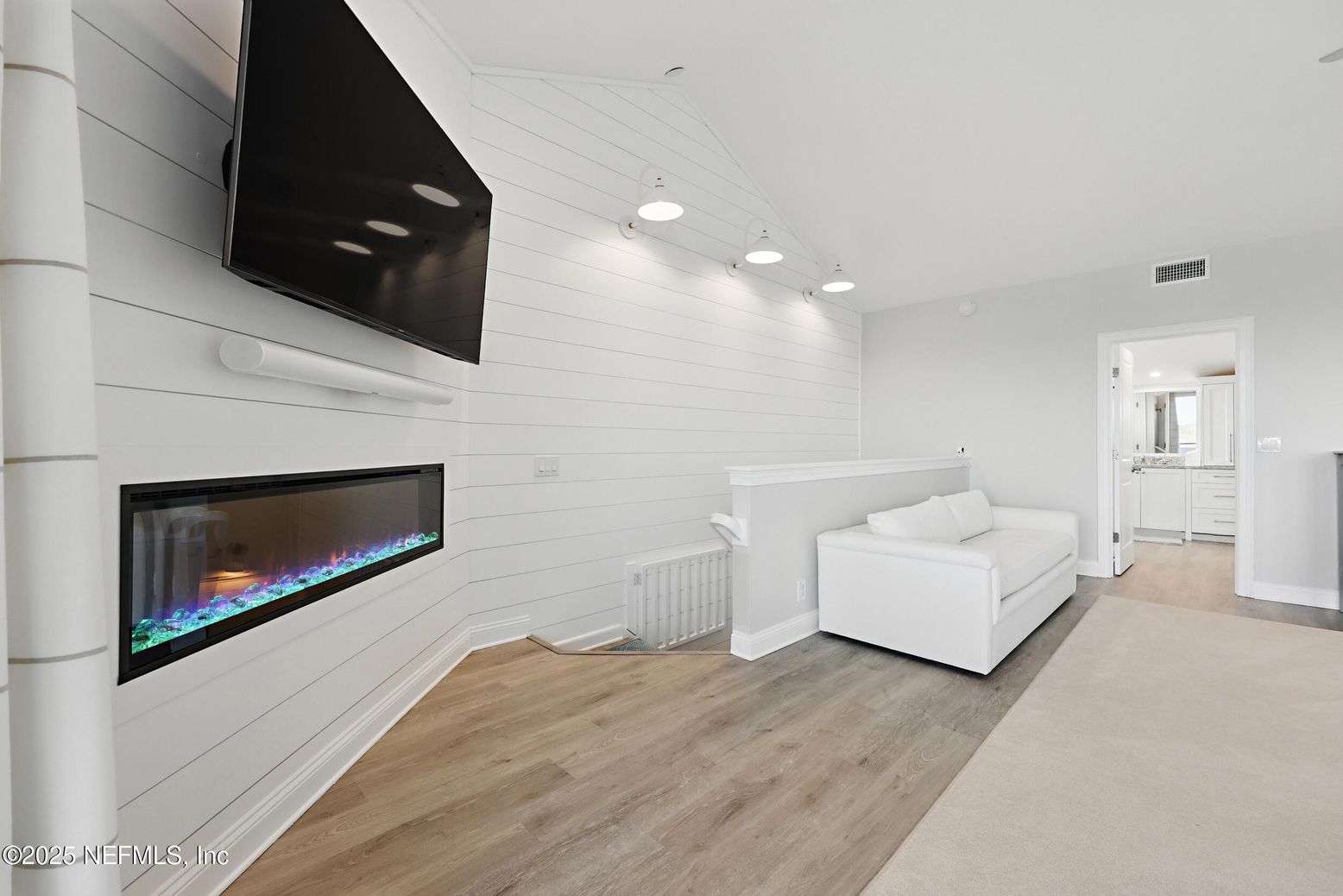 Fireplace, Interior, Pendant Lights, Recessed Lighting, Wood Texture Flooring