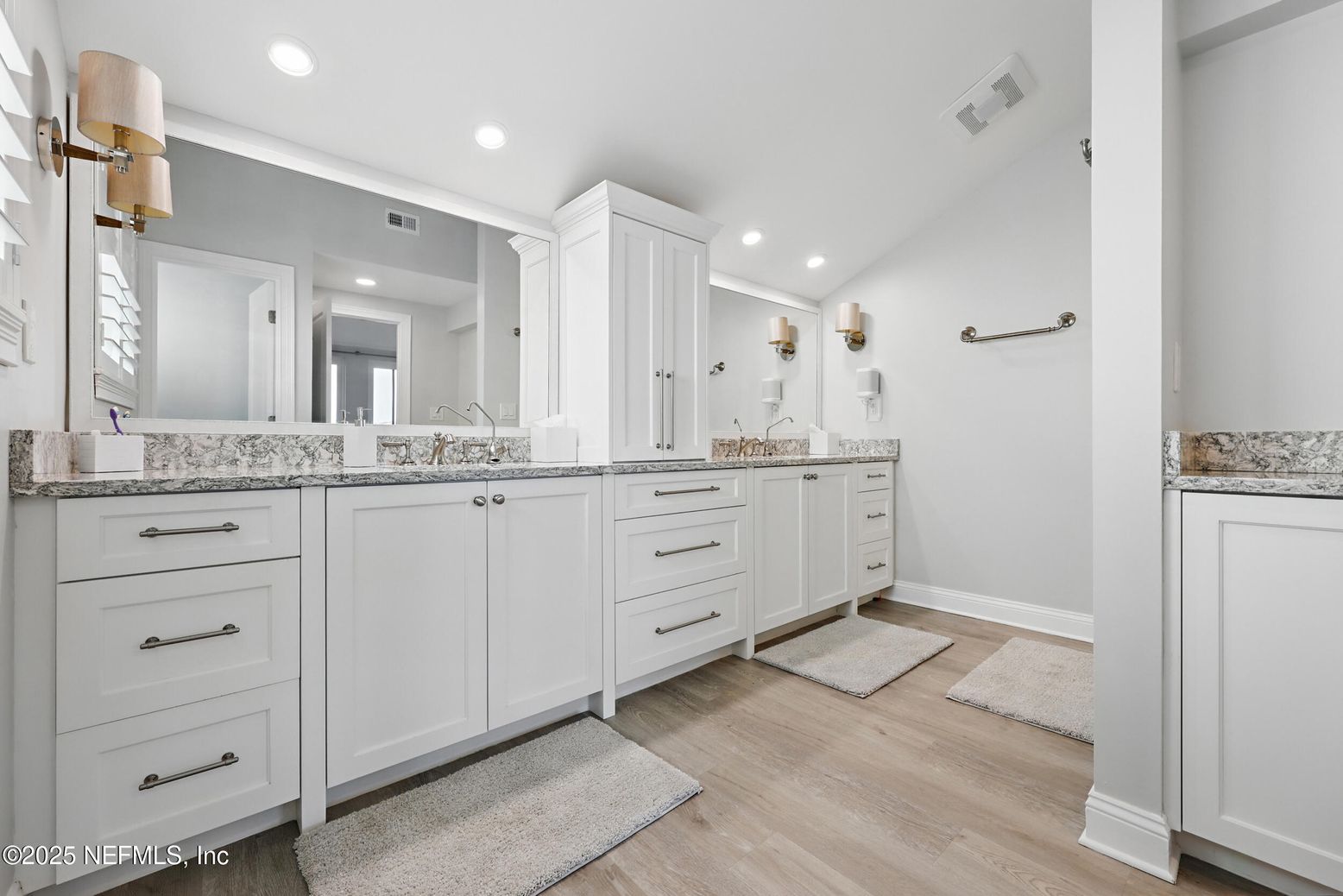 Bathroom, Dual Sink Vanities, Interior, Recessed Lighting, Wood Texture Flooring