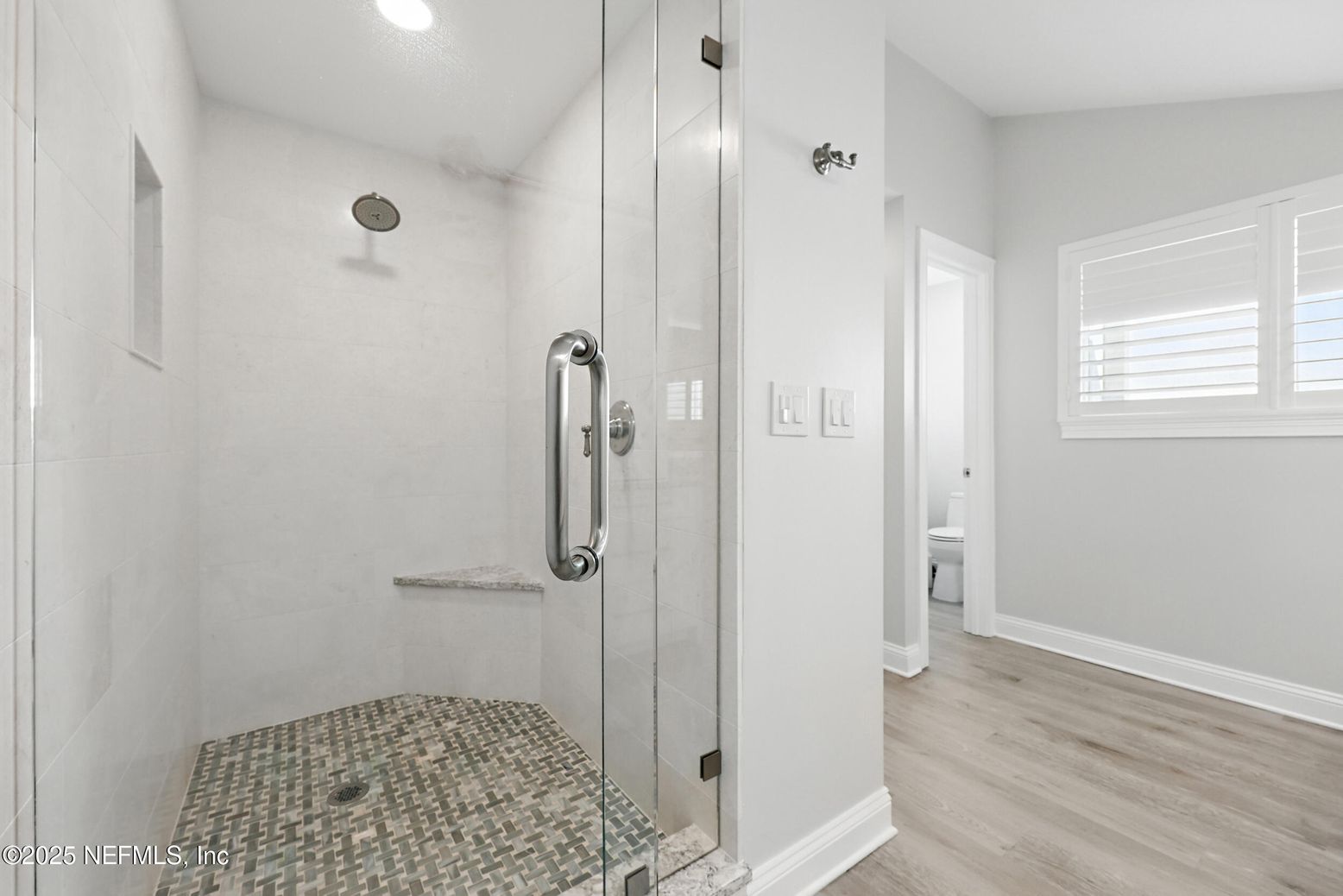 Bathroom, Glass Shower, Interior, Recessed Lighting, Wood Texture Flooring