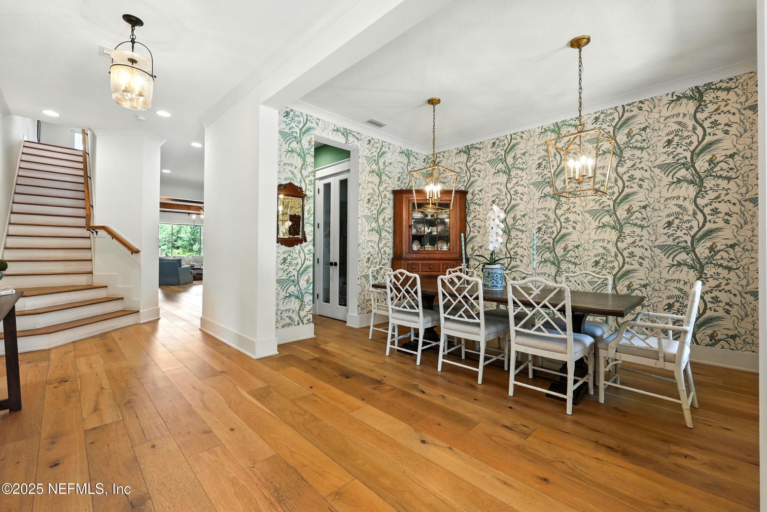 Dining room, Interior, Pendant Lights, Recessed Lighting, Wood Texture Flooring