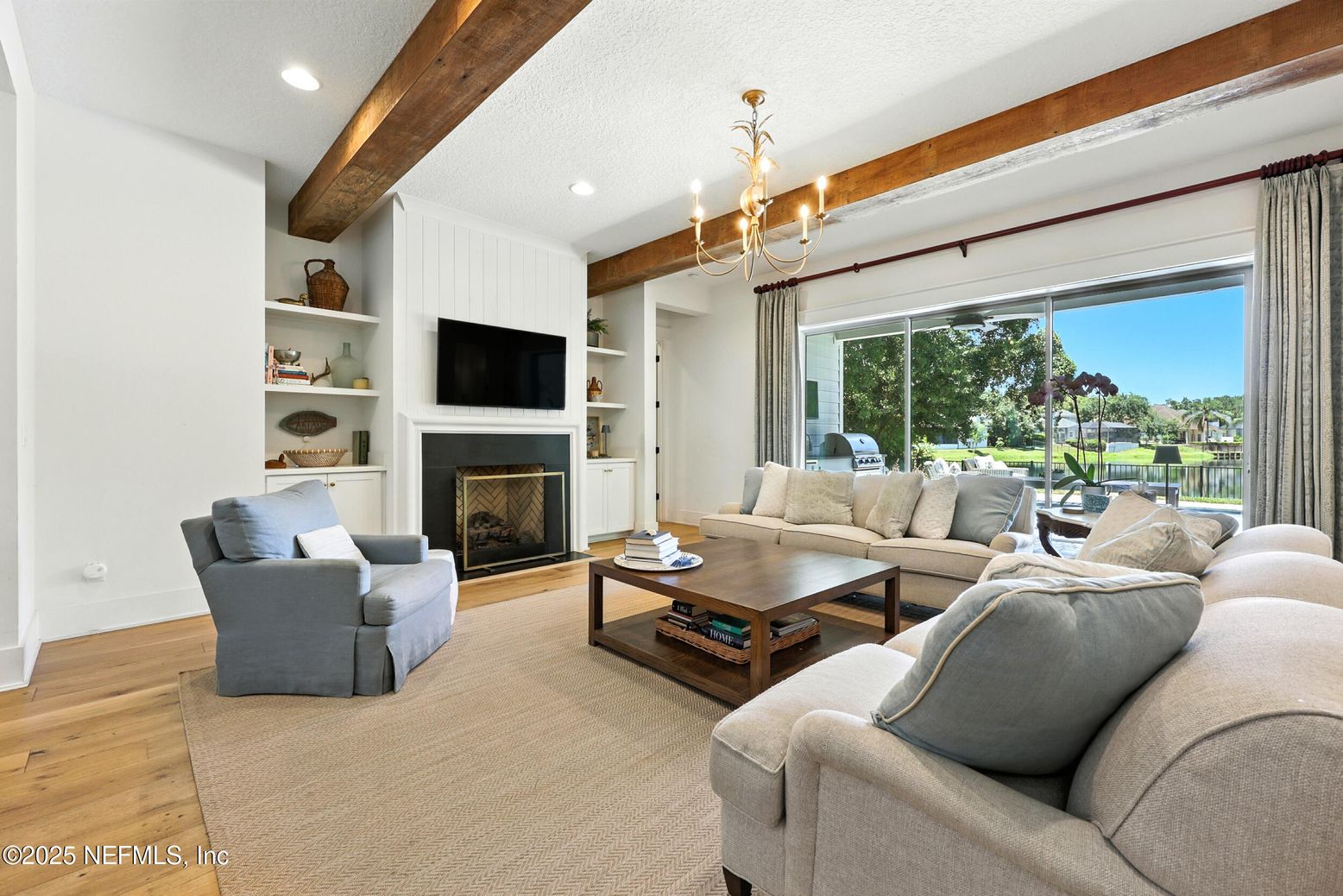 Chandelier, Fireplace, Interior, Living room, Recessed Lighting, Wooden Beams, Wood Texture Flooring