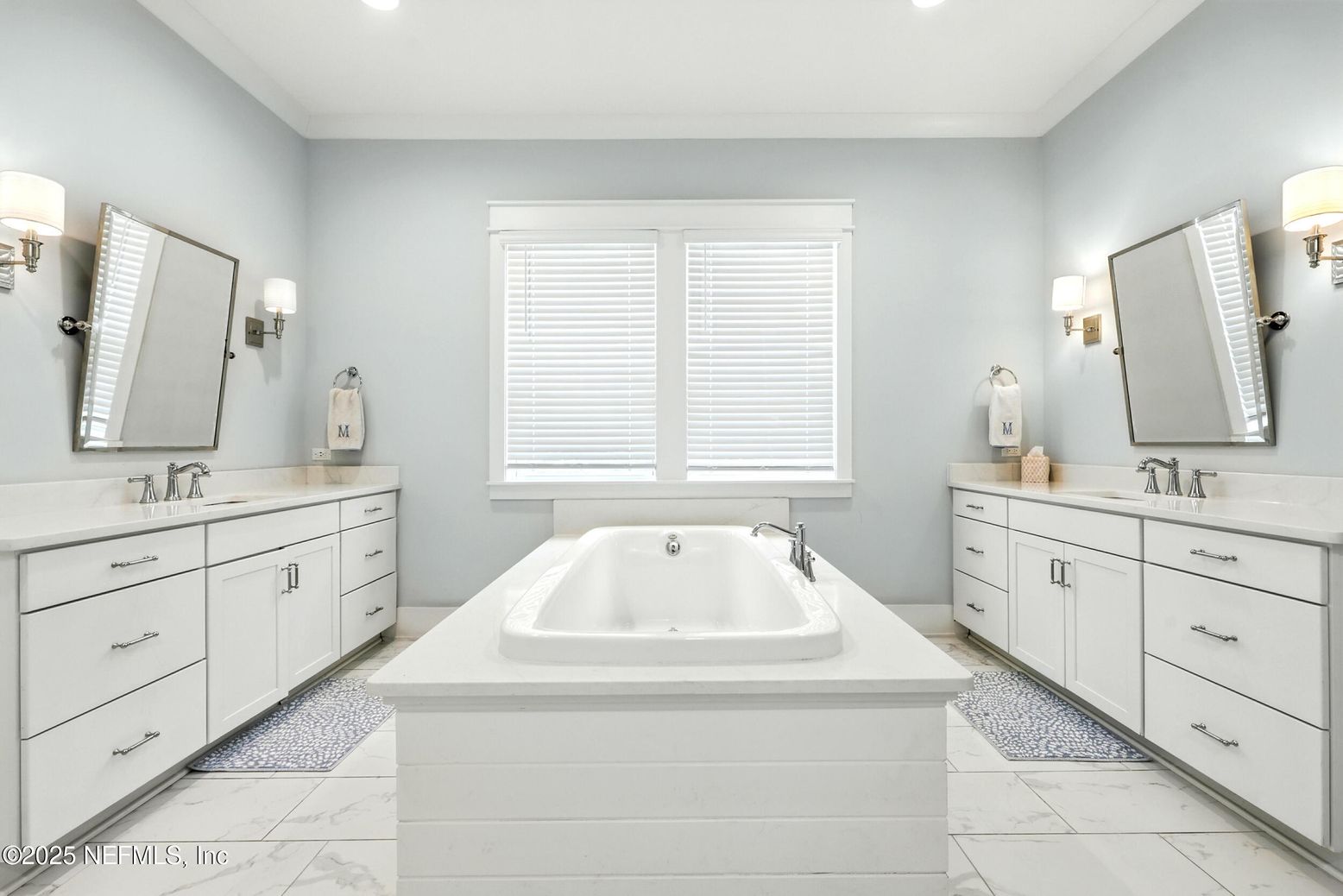 Bathroom, Dual Sink Vanities, Interior, Marble, Recessed Lighting