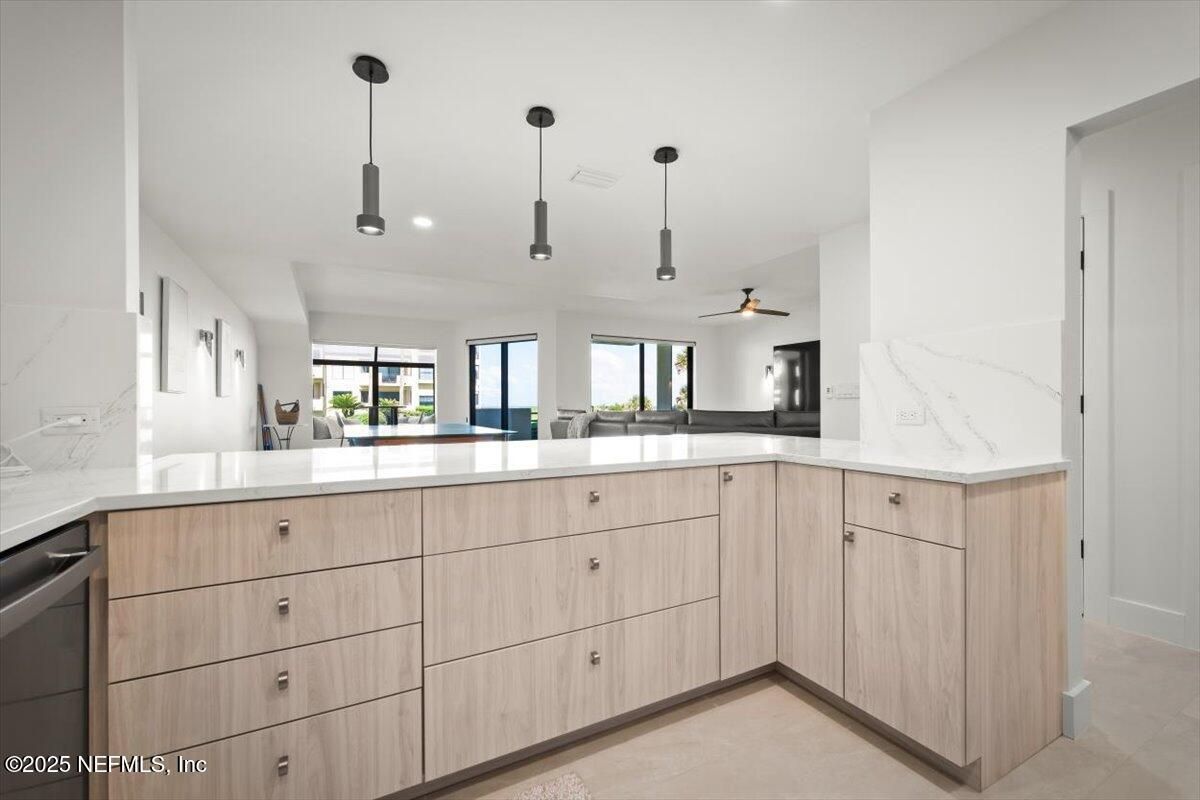 Interior, Kitchen, Marble Walls, Pendant Lights, Recessed Lighting