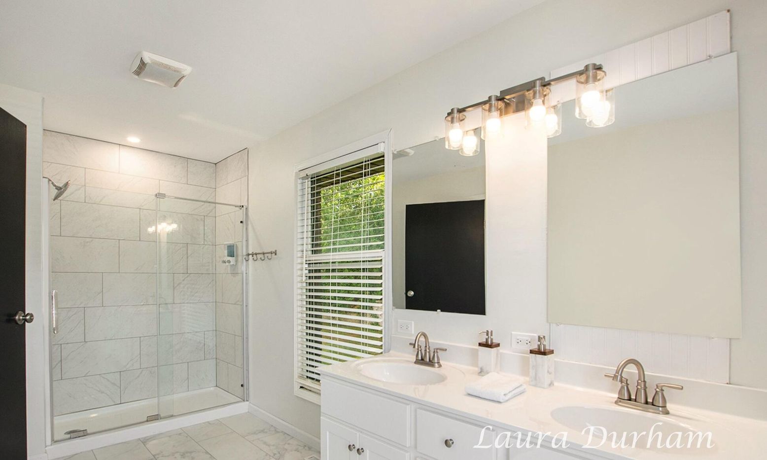 Bathroom, Dual Sink Vanities, Glass Shower, Interior, Marble, Marble Walls, Recessed Lighting