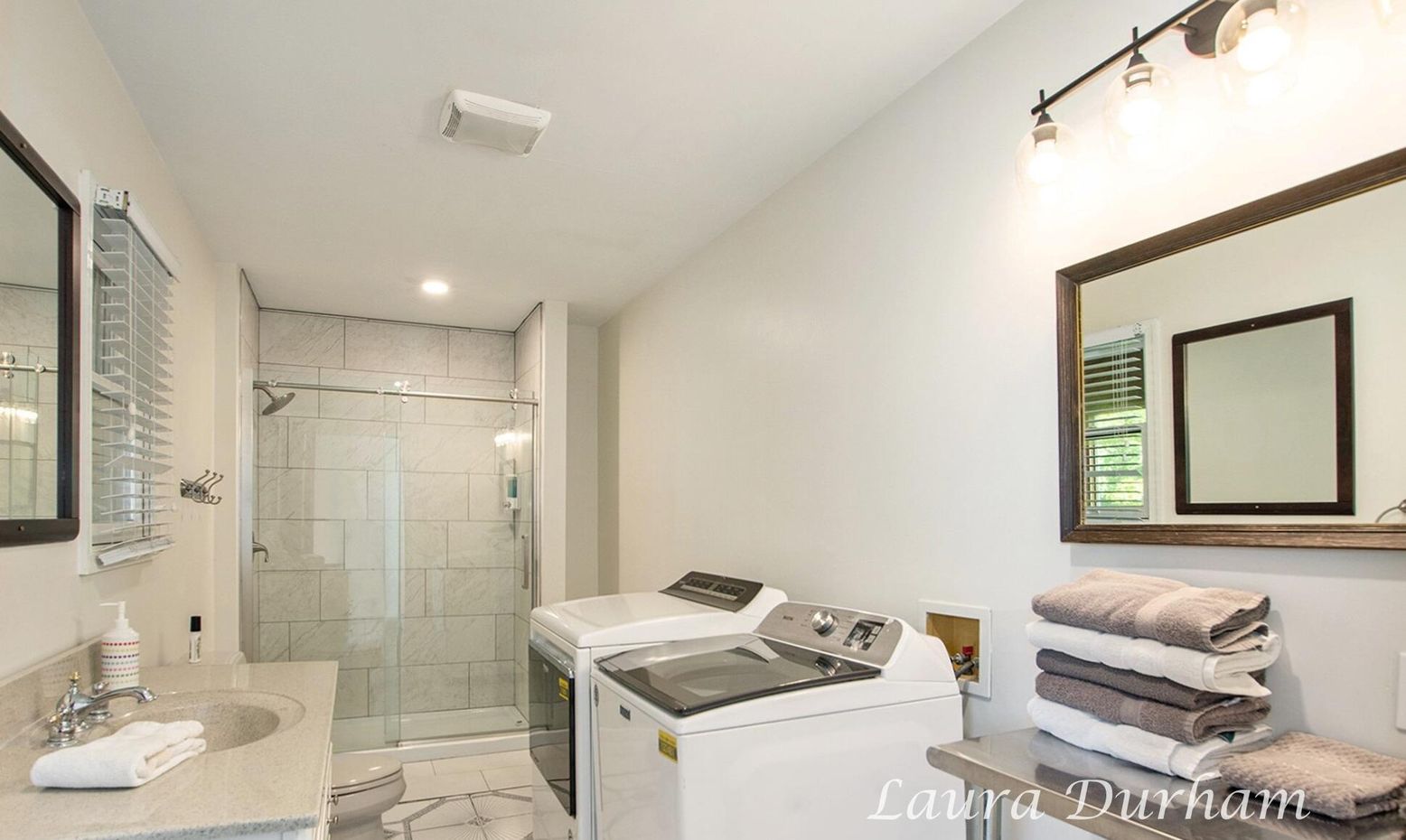 Bathroom, Glass Shower, Interior, Marble, Recessed Lighting, Washer