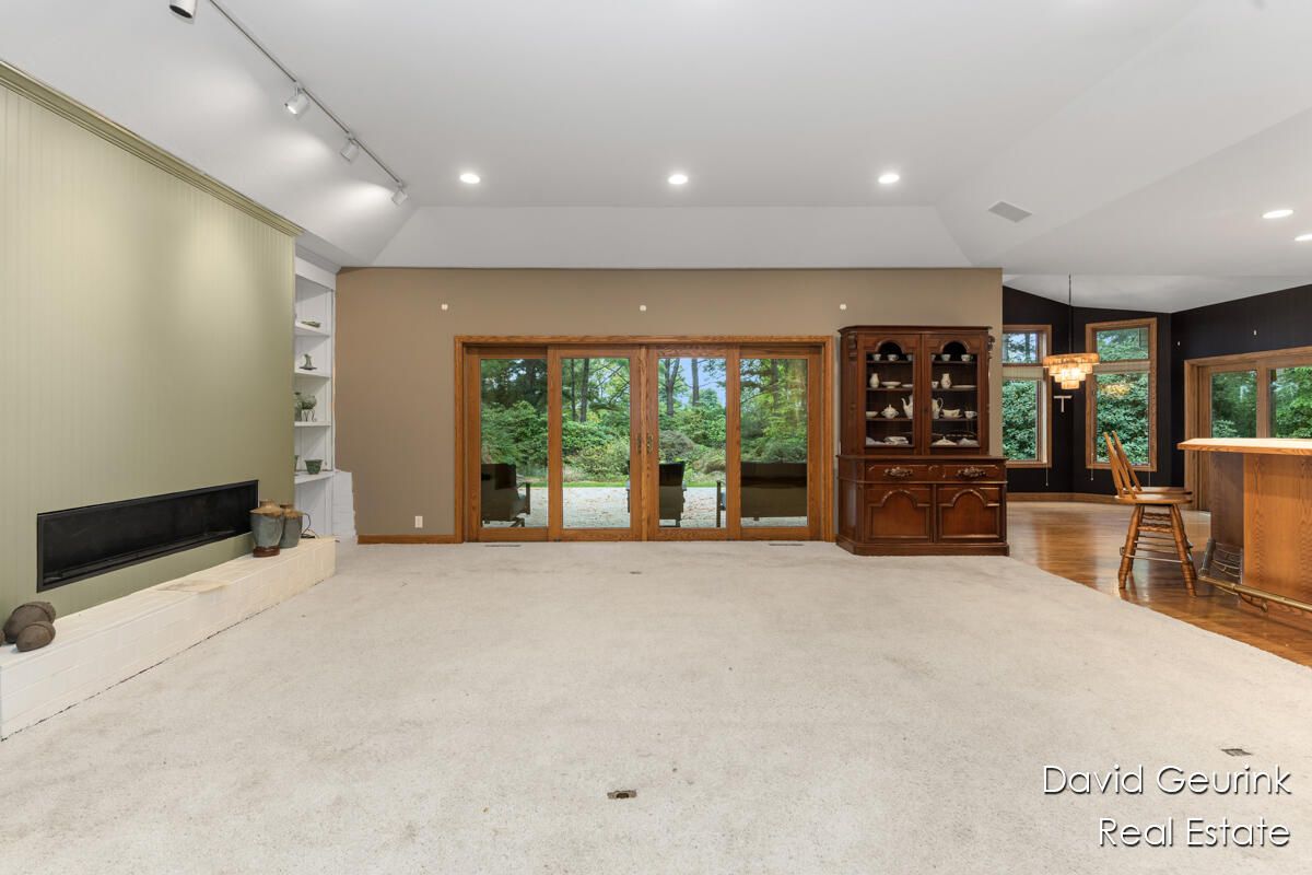 Empty room, Fireplace, Interior, Pendant Lights, Recessed Lighting, Wood Texture Flooring
