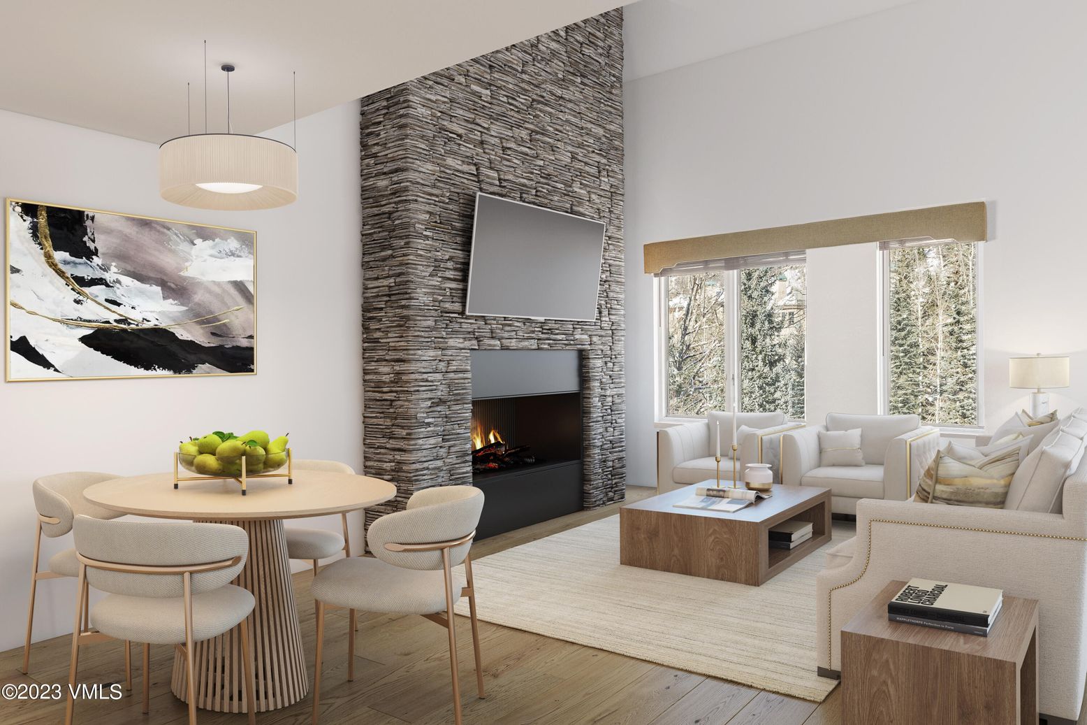 Dining room, Fireplace, Interior, Living room, Pendant Lights, Stone Walls, Wood Texture Flooring