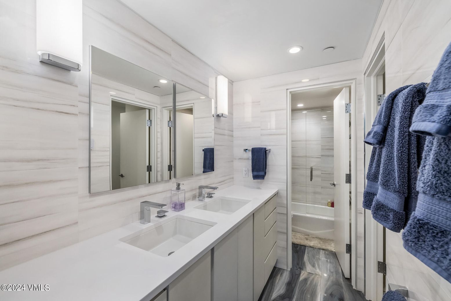 Bathroom, Dual Sink Vanities, Glass Shower, Interior, Recessed Lighting, Wood Texture Flooring