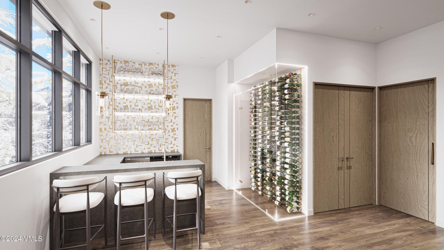 Interior, Pendant Lights, Recessed Lighting, Wine Storage, Wood Texture Flooring