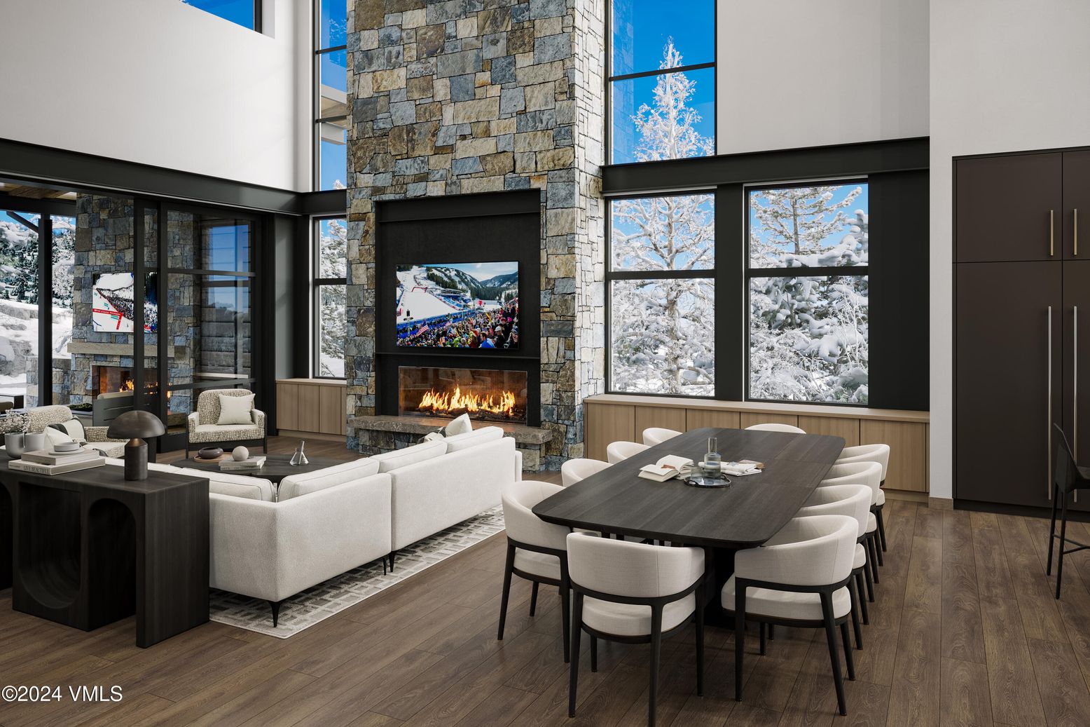 Dining room, Fireplace, Interior, Living room, Stone Walls, Wood Texture Flooring