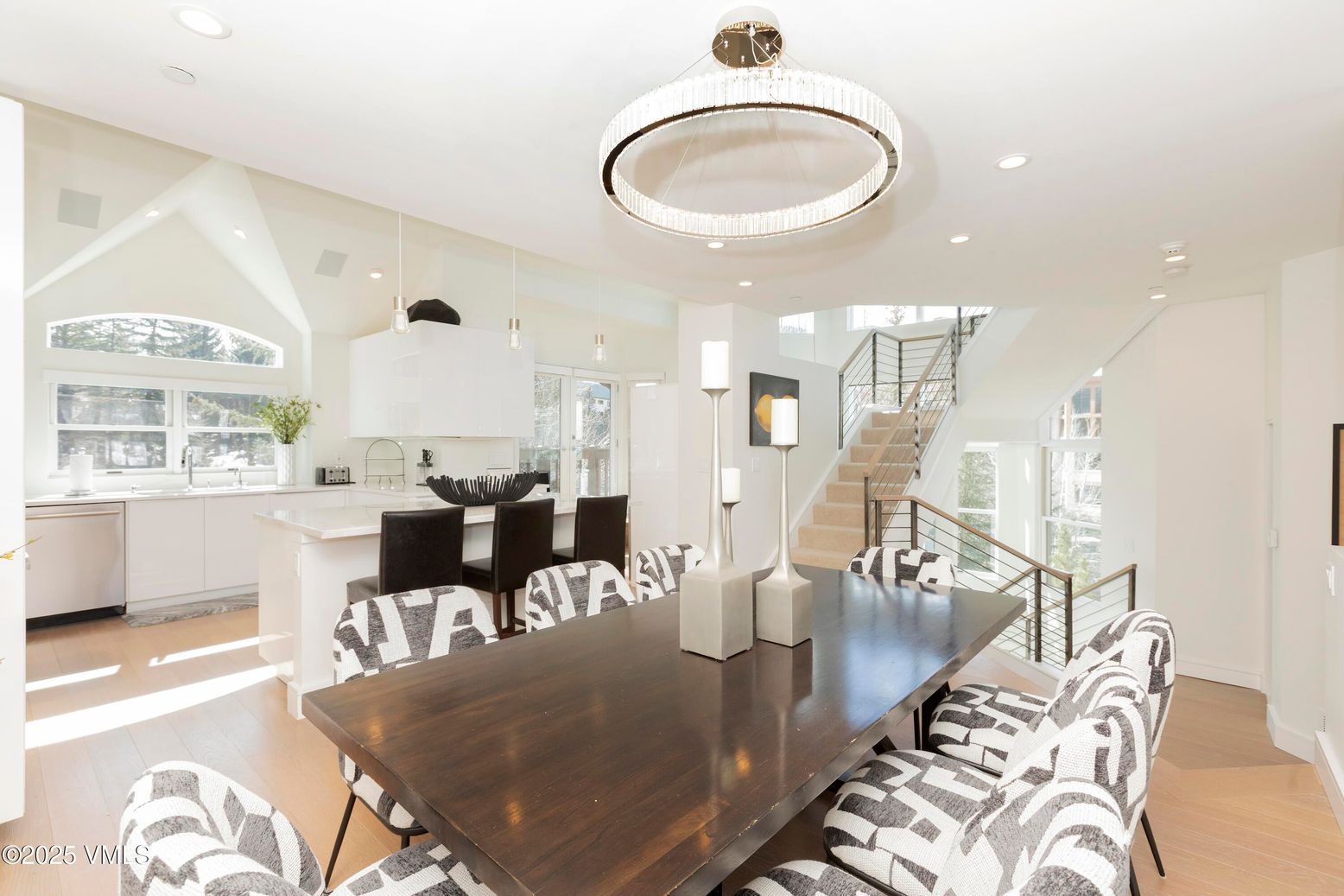 Dining room, Interior, Kitchen, Pendant Lights, Recessed Lighting, Wood Texture Flooring