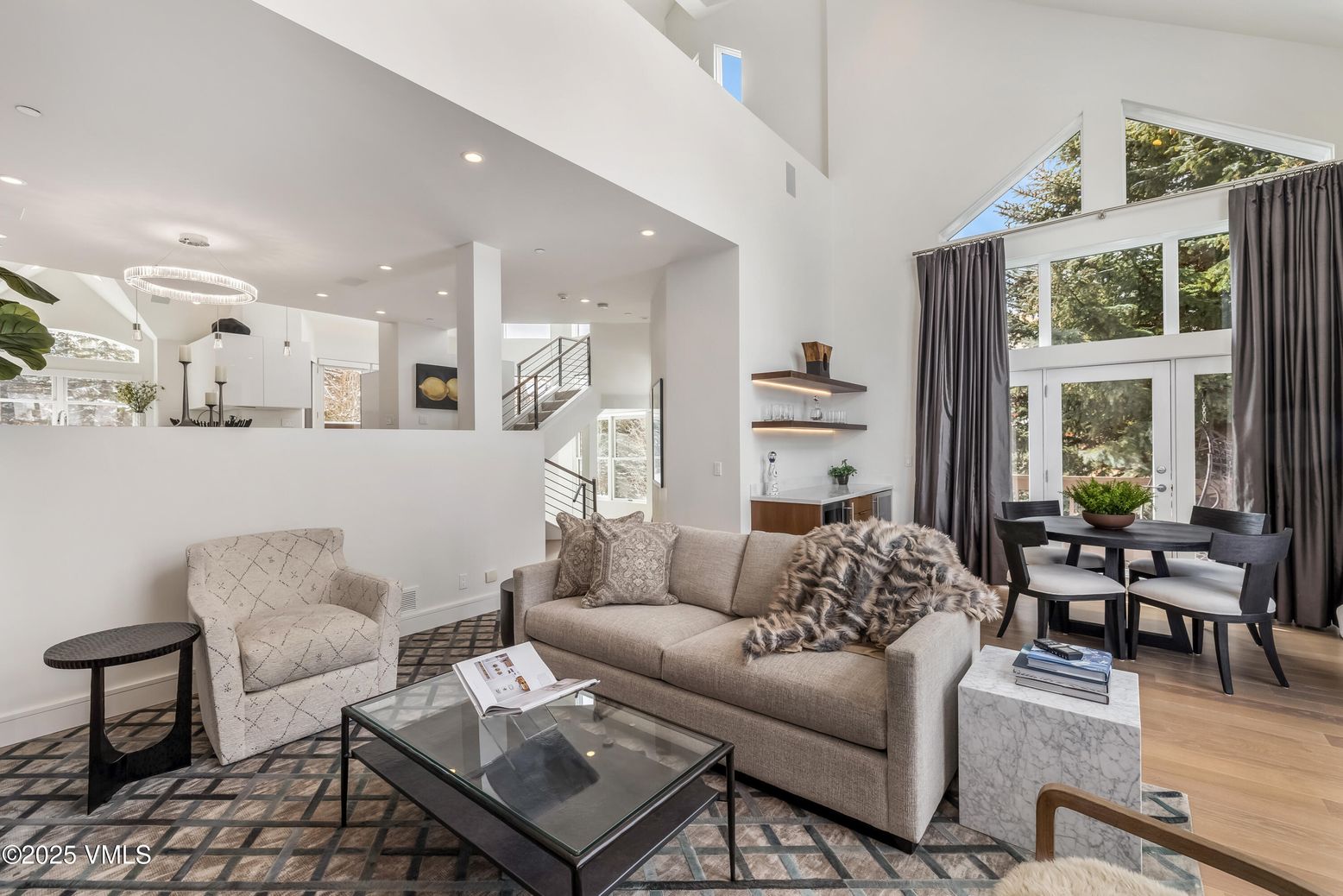 Dining room, Interior, Living room, Recessed Lighting, Wood Texture Flooring