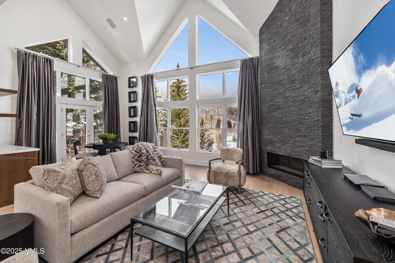 Dining room, Fireplace, Interior, Living room, Recessed Lighting, Wood Texture Flooring