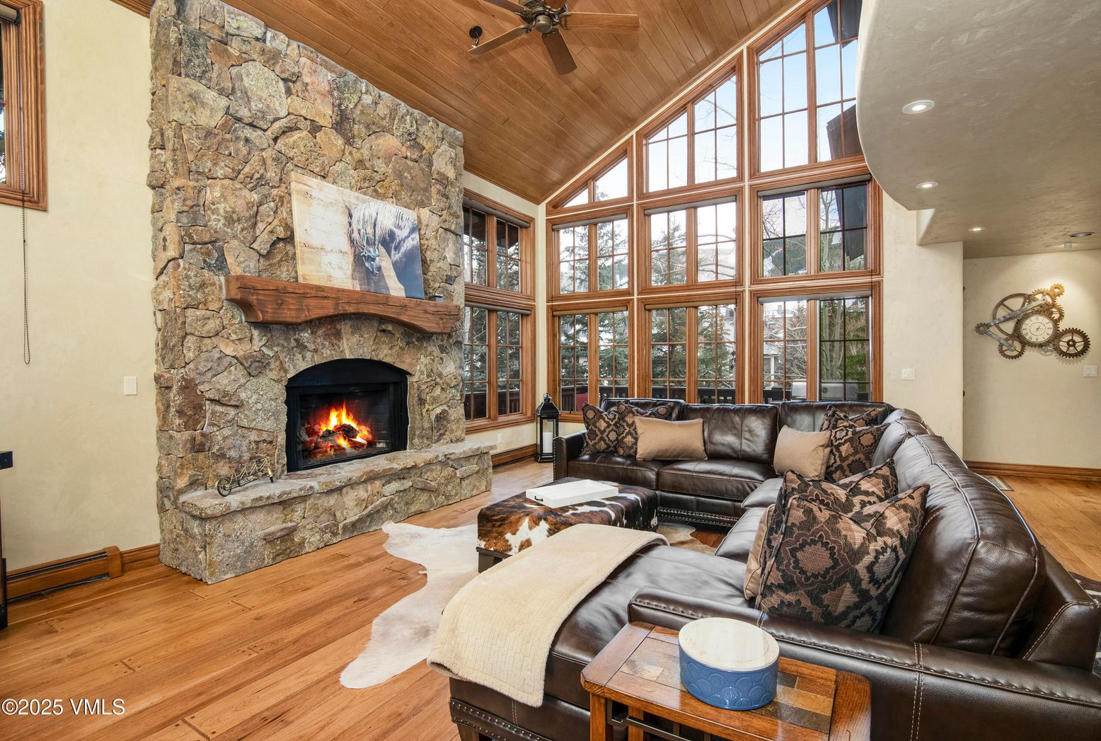 Fireplace, Interior, Living room, Recessed Lighting, Stone Walls, Wooden Ceilings, Wood Texture Flooring