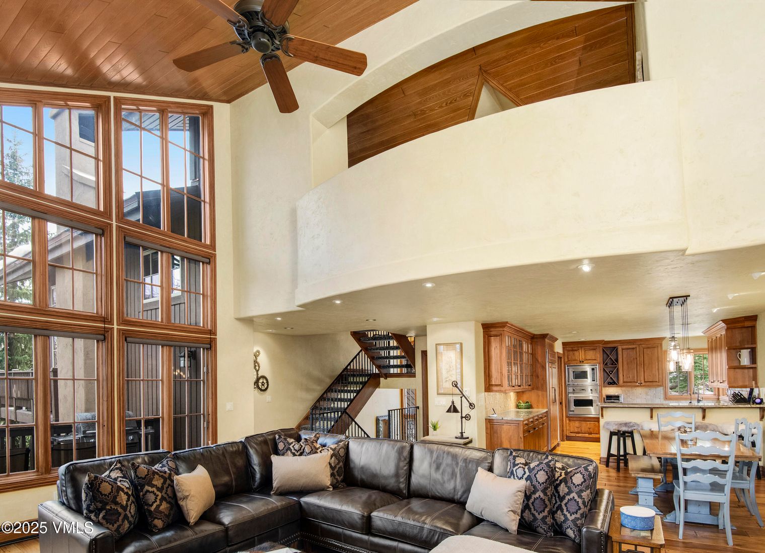 Dining room, Interior, Kitchen, Living room, Recessed Lighting, Stainless Steel Appliances, Wooden Ceilings, Wood Texture Flooring