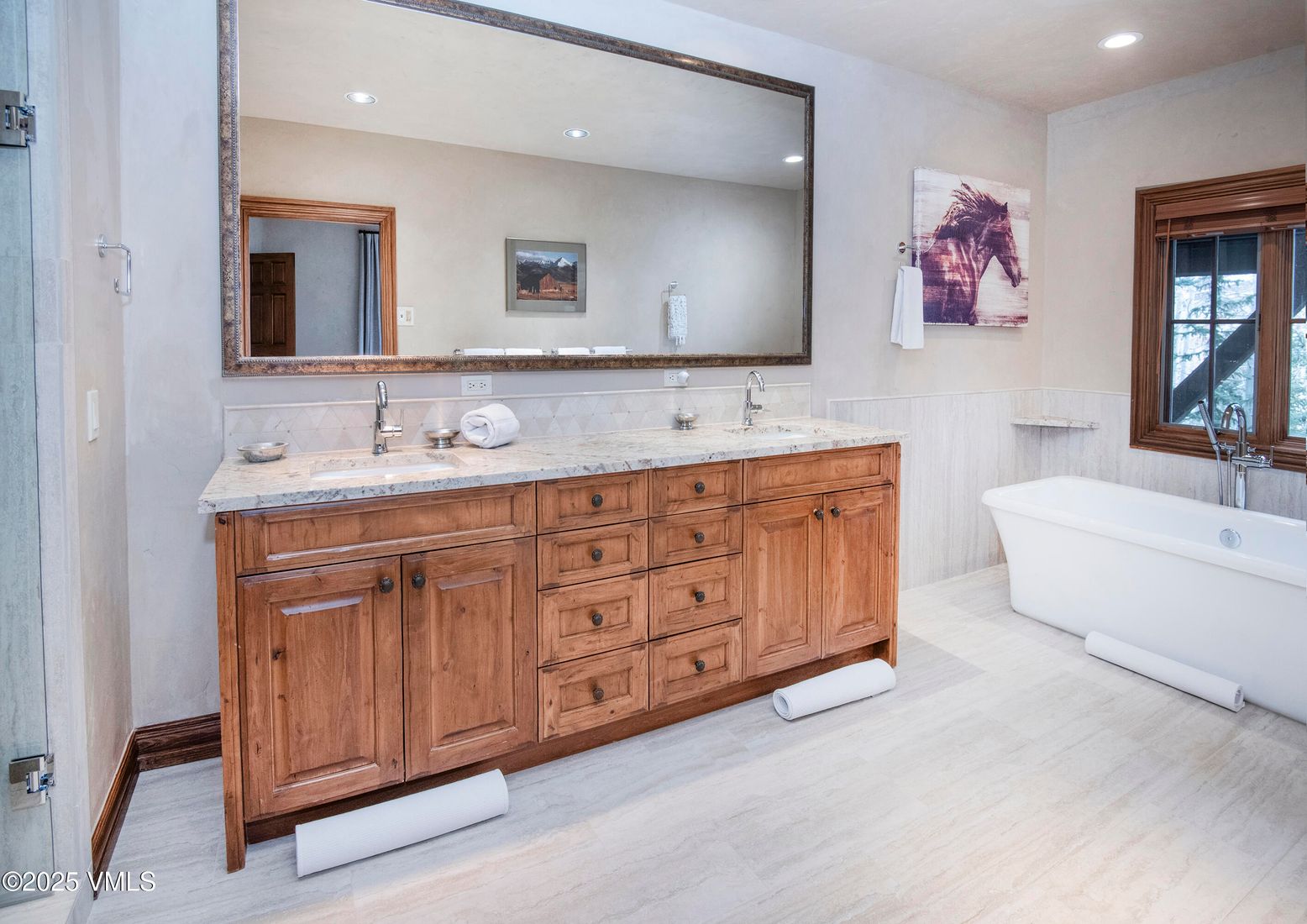 Bathroom, Dual Sink Vanities, Free Standing Baths, Interior, Recessed Lighting, Wood Texture Flooring