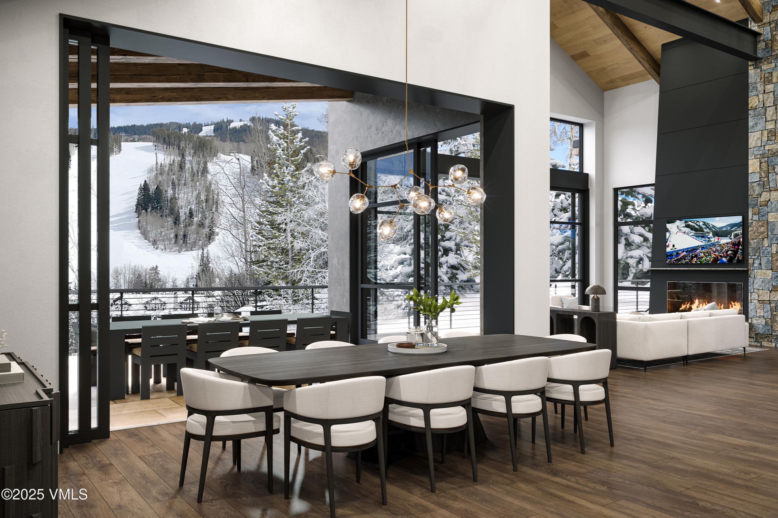 Dining room, Fireplace, Interior, Pendant Lights, Wooden Ceilings, Wood Texture Flooring