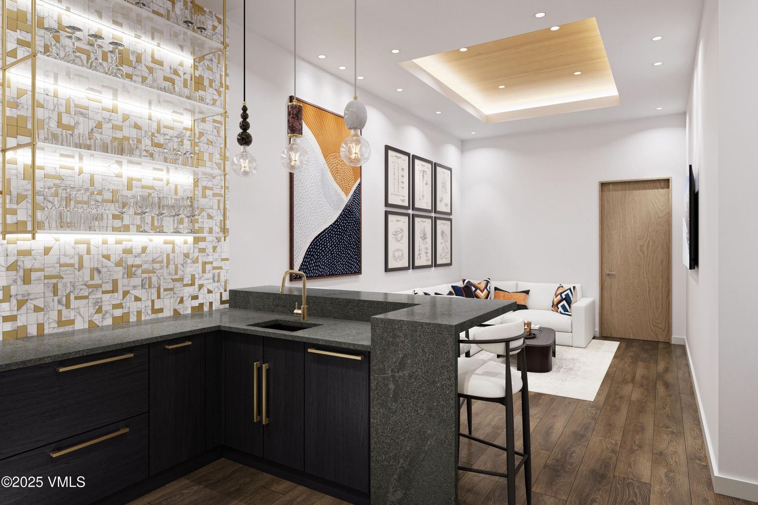 Interior, Living room, Pendant Lights, Recessed Lighting, Wood Texture Flooring