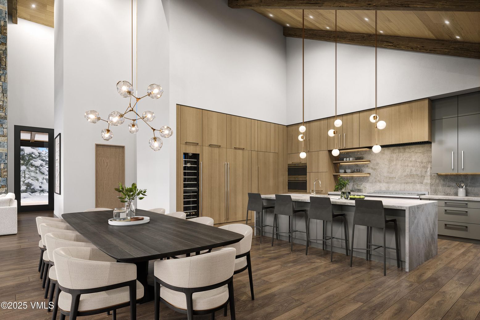 Dining room, Interior, Kitchen, Pendant Lights, Recessed Lighting, Stainless Steel Appliances, Wood Texture Flooring