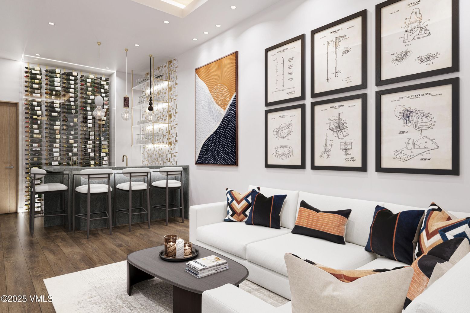 Interior, Living room, Pendant Lights, Recessed Lighting, Wine Storage, Wood Texture Flooring