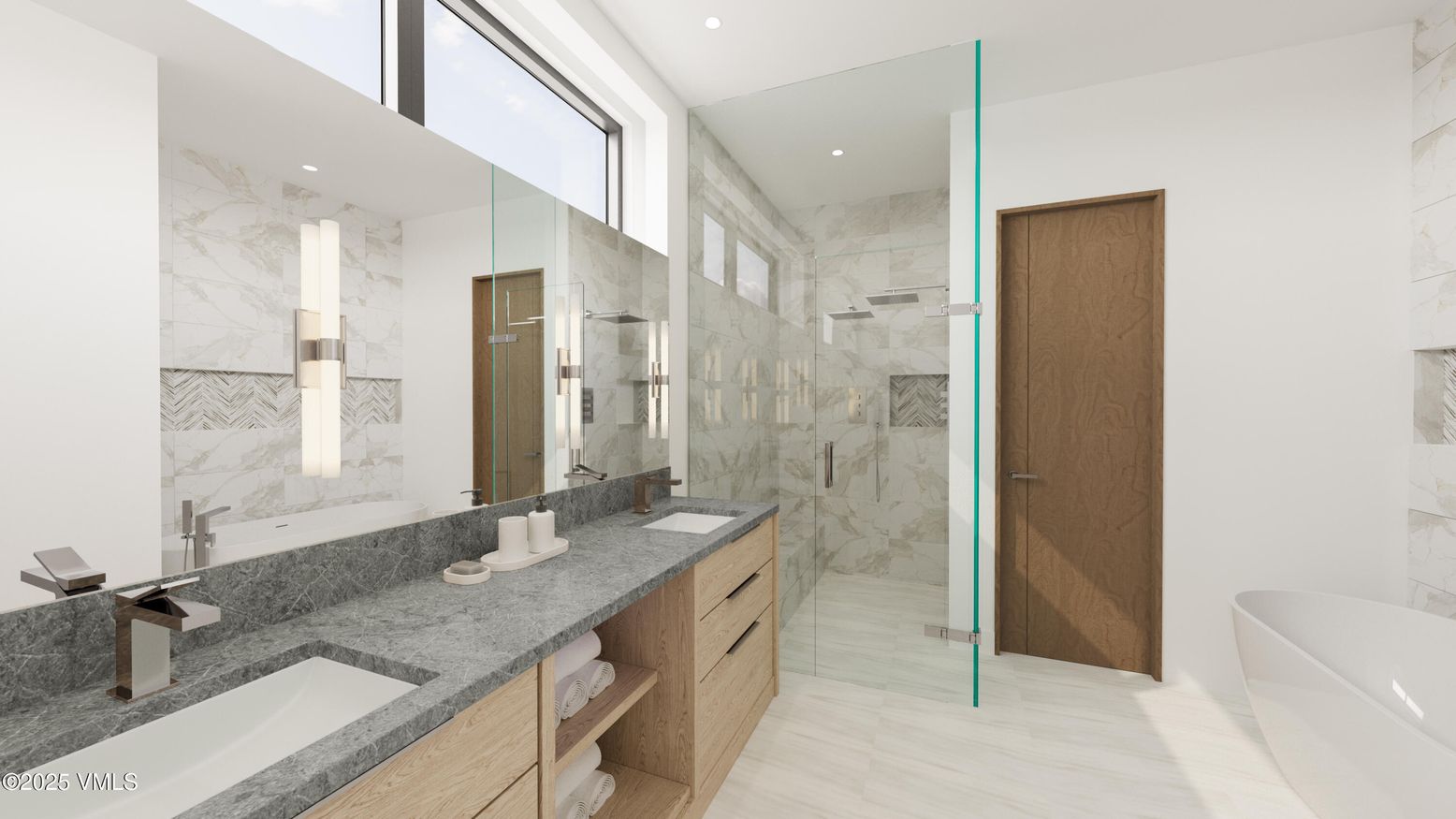 Bathroom, Dual Sink Vanities, Glass Shower, Interior, Marble, Marble Walls, Recessed Lighting