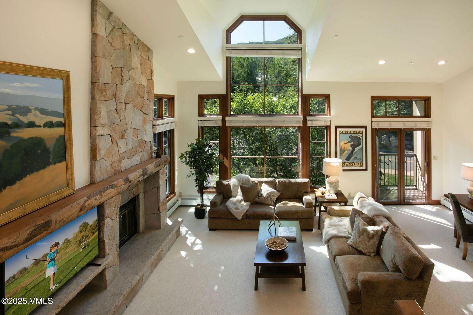 Fireplace, Interior, Living room, Recessed Lighting, Stone Walls