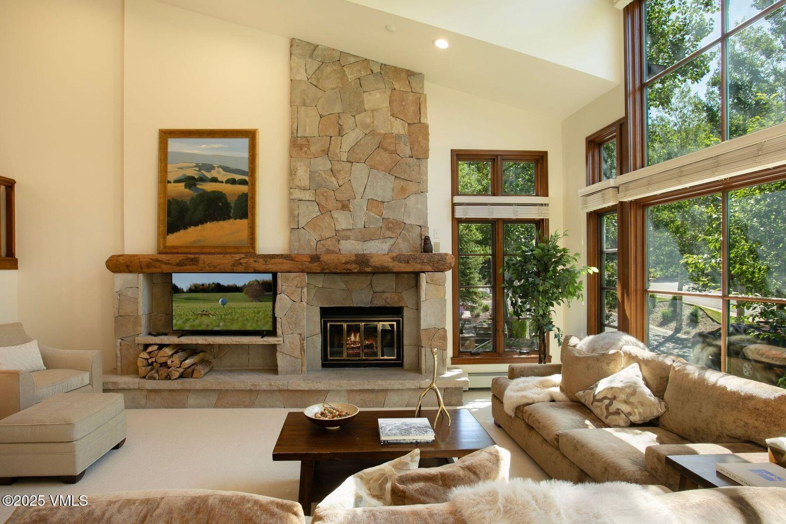 Fireplace, Interior, Living room, Recessed Lighting, Stone Walls