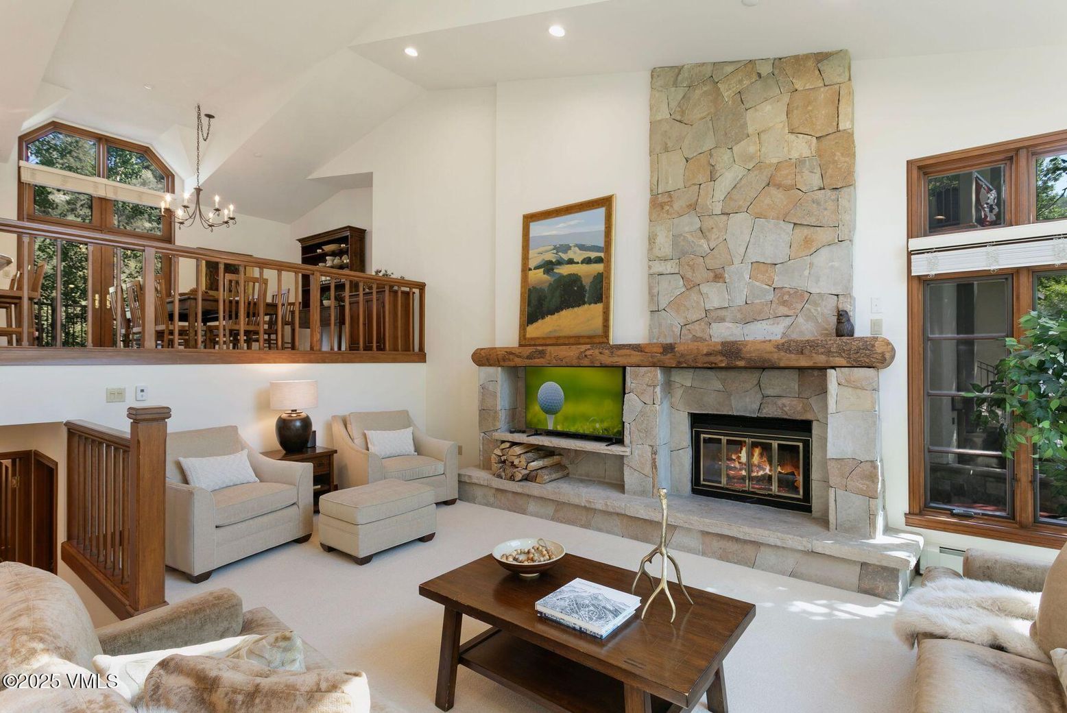 Chandelier, Fireplace, Interior, Living room, Recessed Lighting, Stone Walls