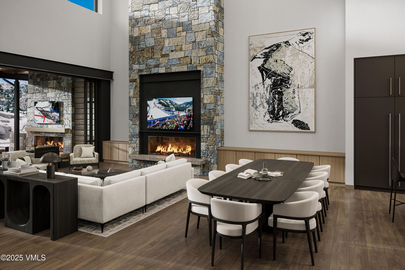 Dining room, Fireplace, Interior, Living room, Stone Walls, Wood Texture Flooring