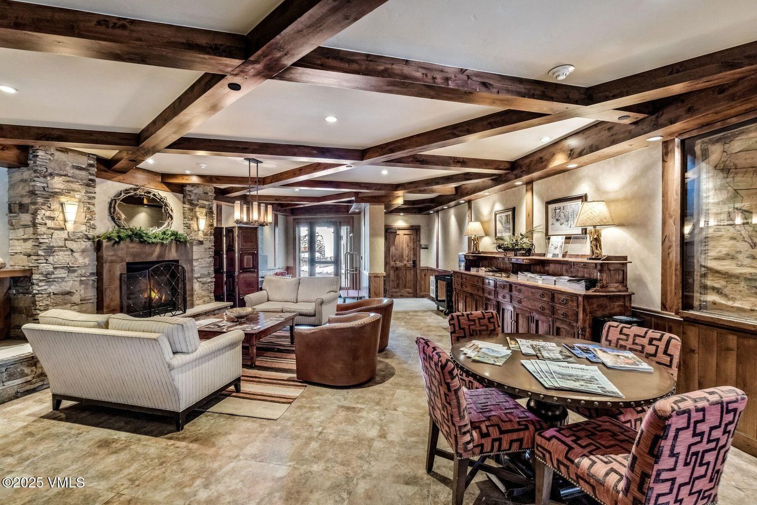 Dining room, Fireplace, Interior, Living room, Pendant Lights, Recessed Lighting, Stone Walls, Wooden Beams